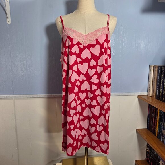 Joyspun Large Red Pink Hearts Lacey Midi Summer Nightgown - Picture 1 of 9